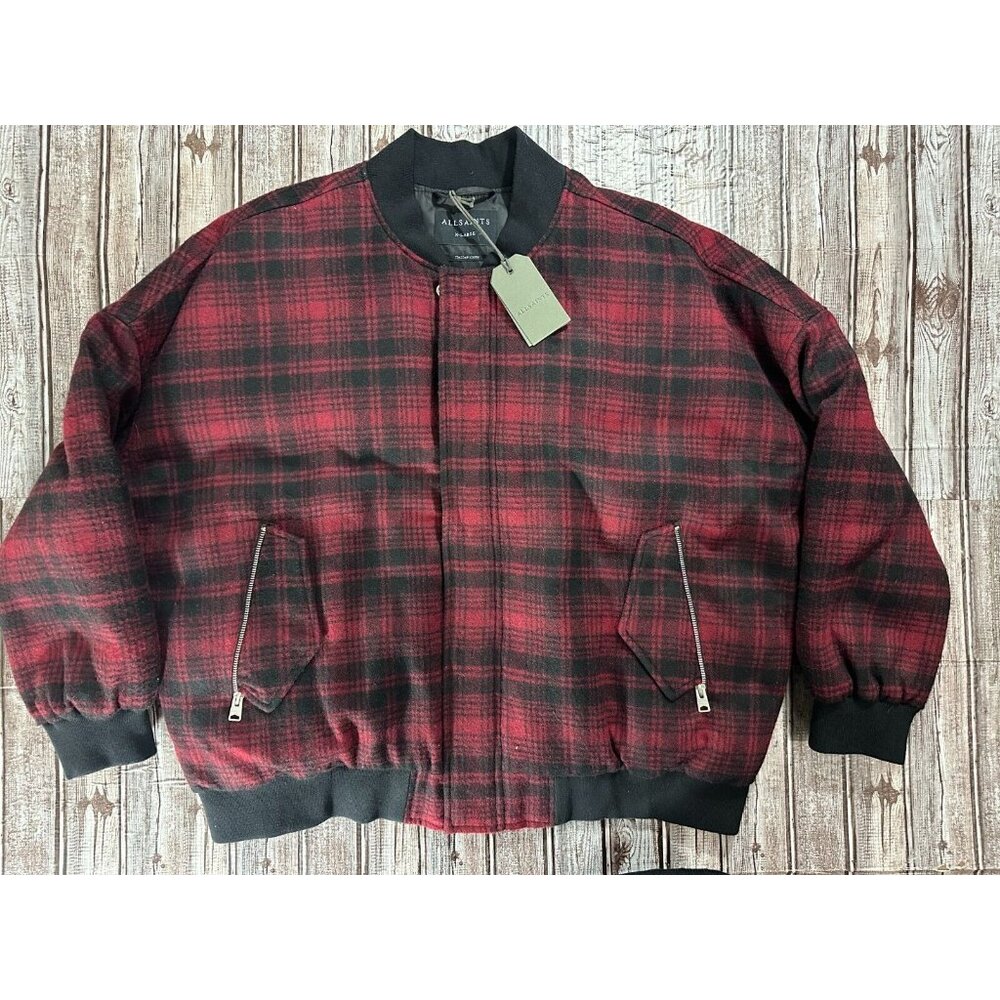 AllSaints Stan Wool Blend Bomber Jacket Color Check Red Black sz XL NWT MSPR 499